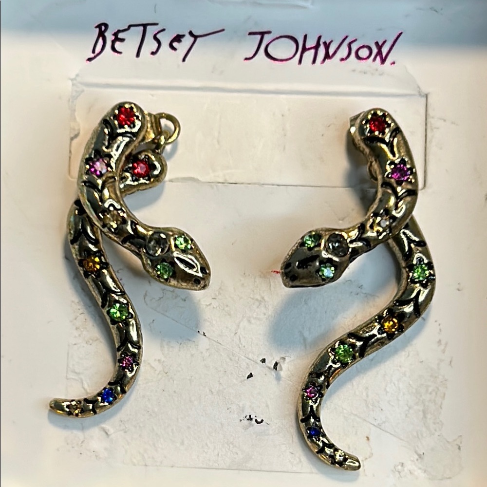 Betsey Johnson Gold Tone Snake Earrings with Colorful Gems